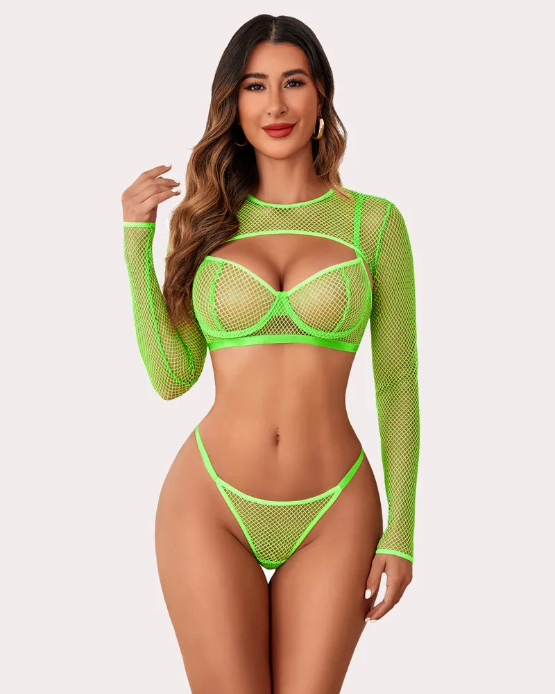 3 Pcs Fishnet Crop Sheer Sets (DE Only)