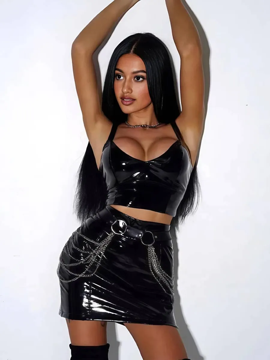 Black Faux Leather & Chains Clubwear Set