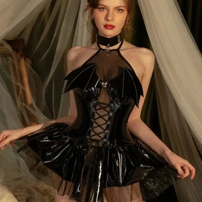 Black Leather Halloween Nightdress with Necklace Set