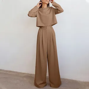 Brown Fashionable Korean Style Long Sleeve Pure Color Cotton Two-piece Set