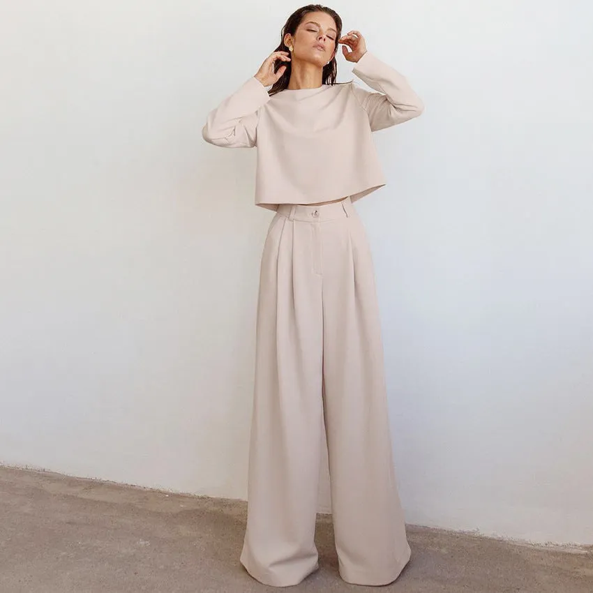 Brown Fashionable Korean Style Long Sleeve Pure Color Cotton Two-piece Set
