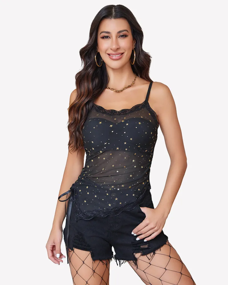 Drawstring Sheer Cami Top Lace Crop Top
