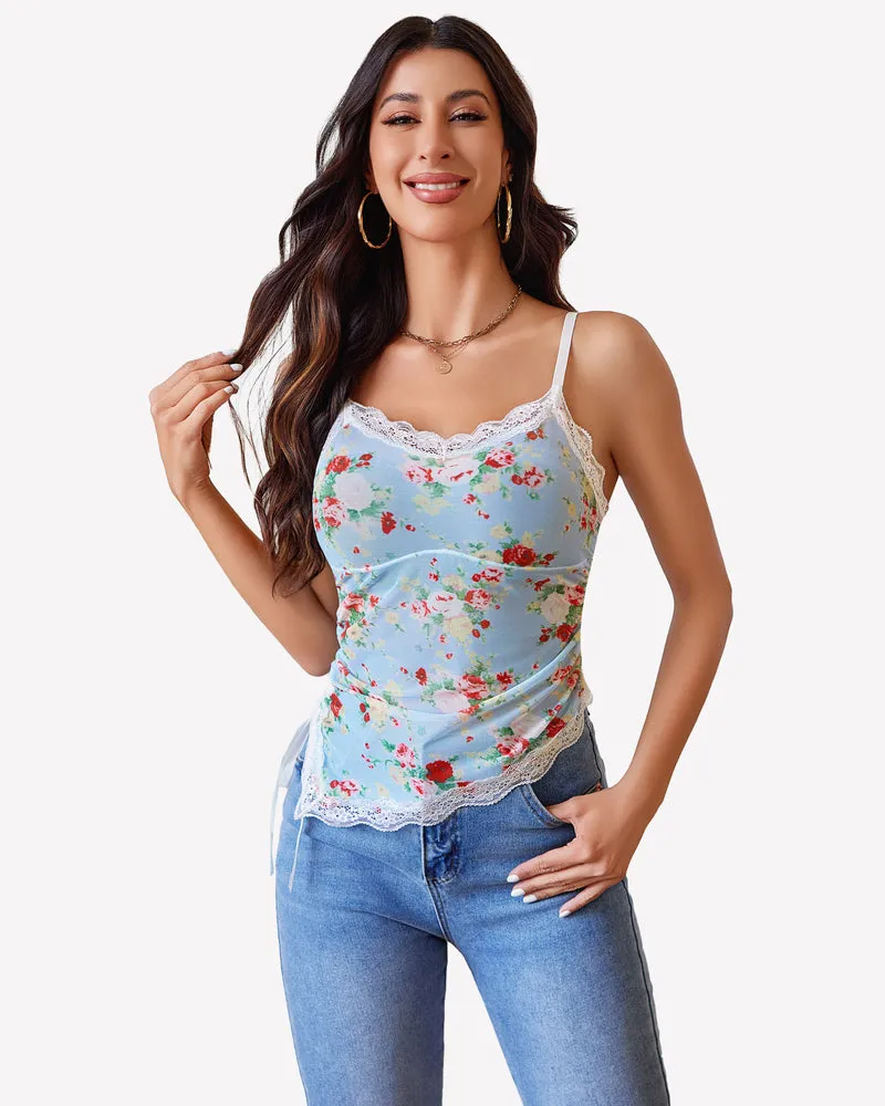 Drawstring Sheer Cami Top Lace Crop Top