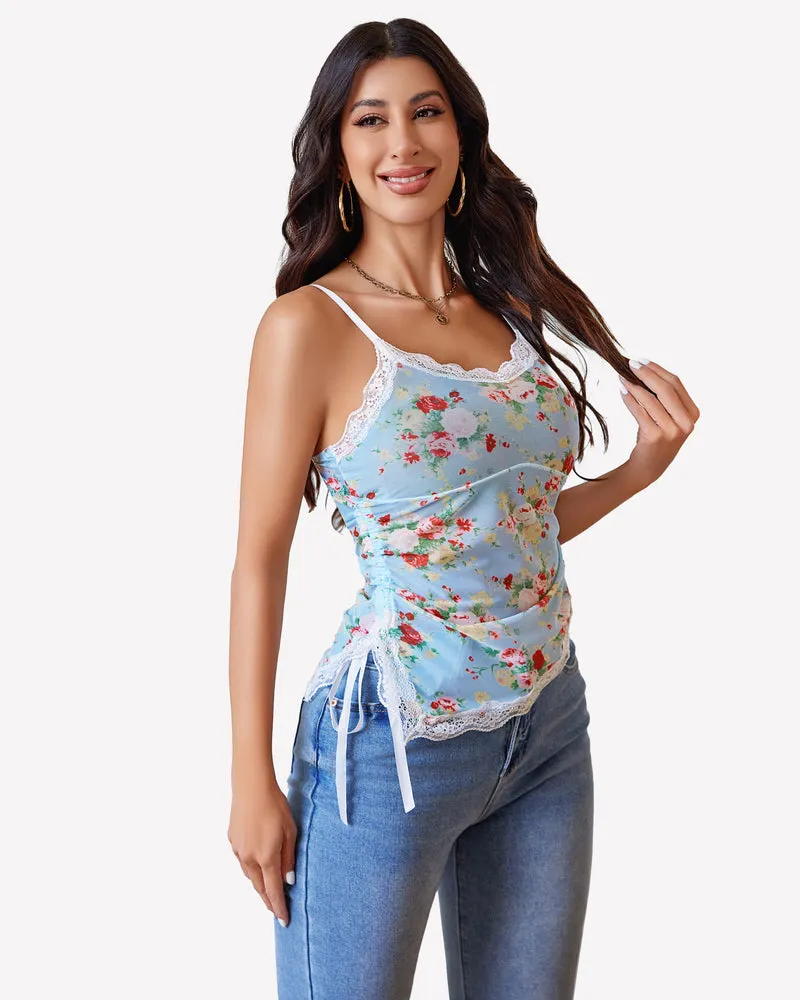 Drawstring Sheer Cami Top Lace Crop Top