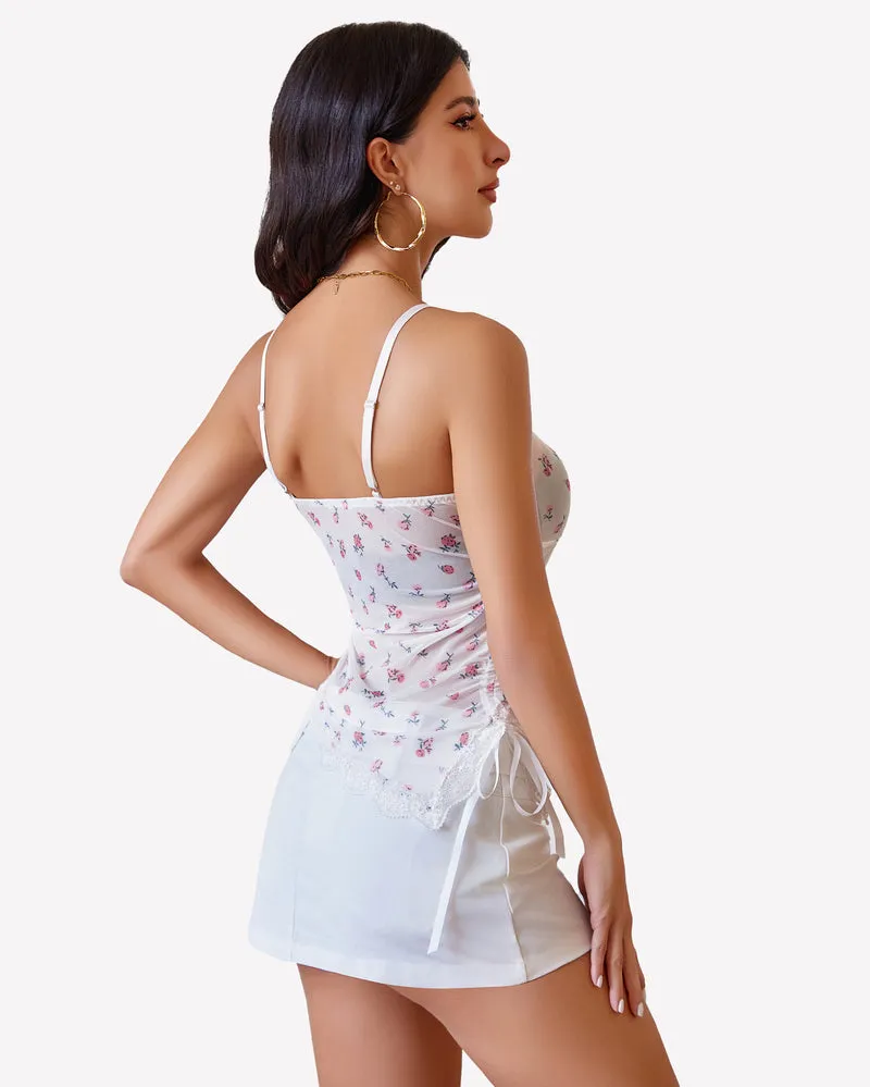 Drawstring Sheer Cami Top Lace Crop Top