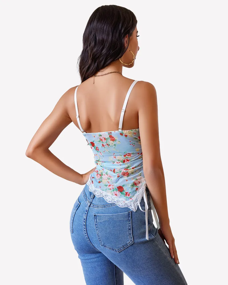 Drawstring Sheer Cami Top Lace Crop Top