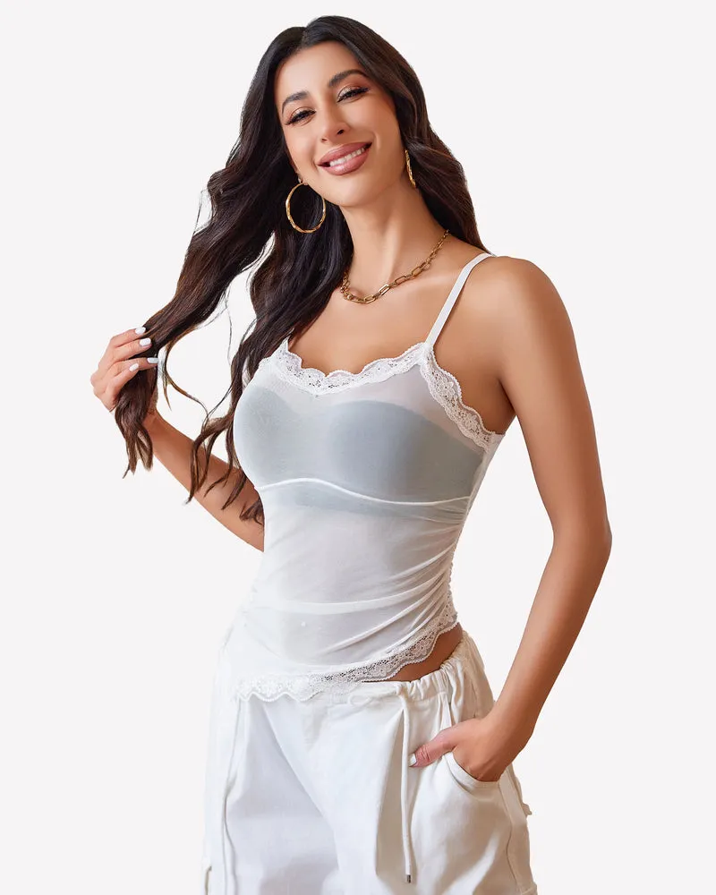 Drawstring Sheer Cami Top Lace Crop Top