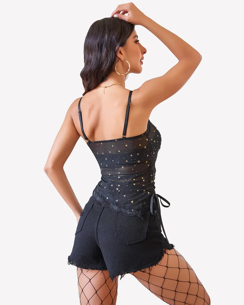 Drawstring Sheer Cami Top Lace Crop Top