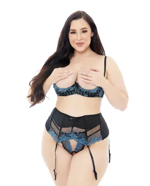 Embroidered Lace Open Cup Bra. Garter Belt & G-string Black/blue