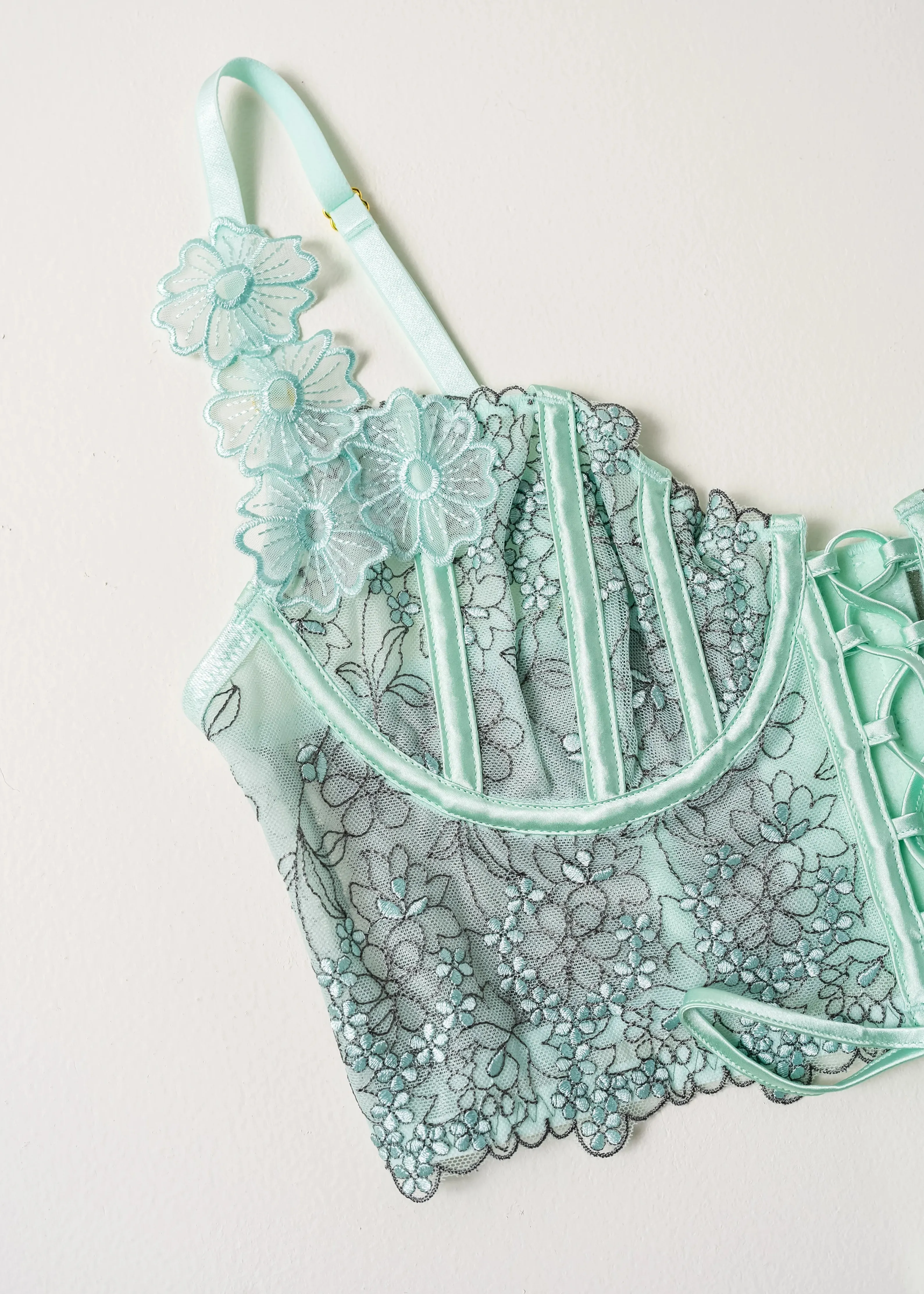 Embroidered Underwire Lace-Up Corset - Mint Julep