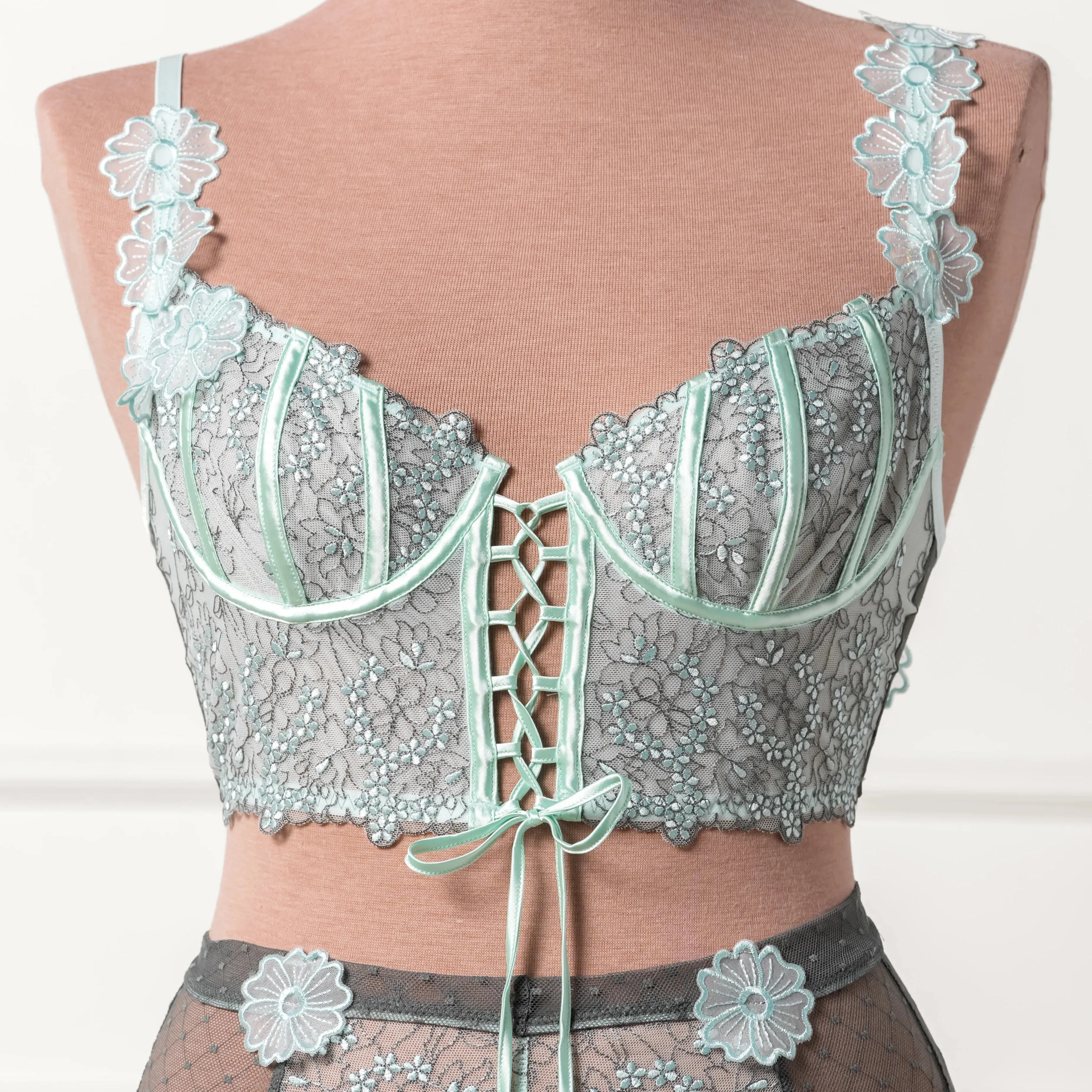 Embroidered Underwire Lace-Up Corset - Mint Julep