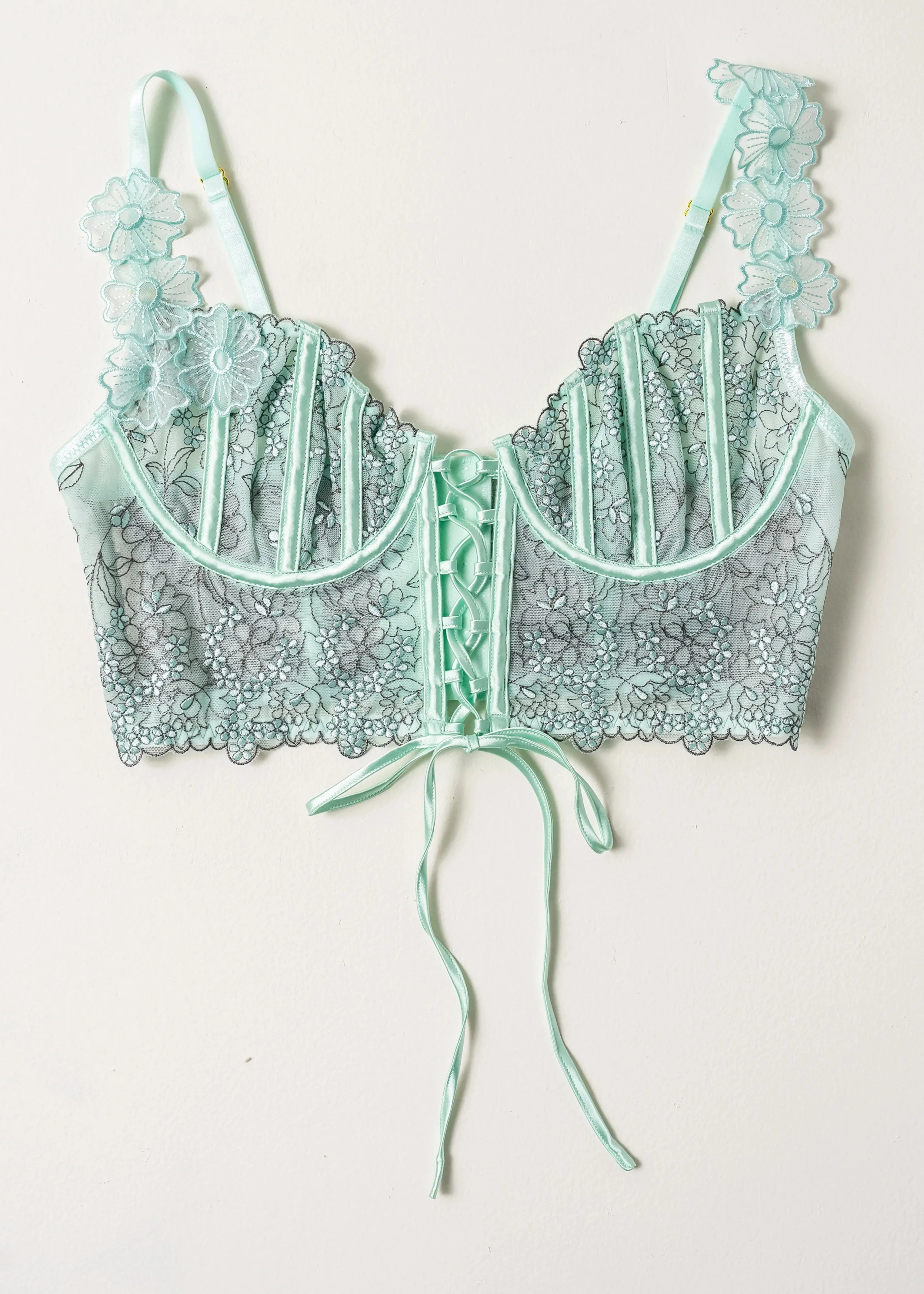 Embroidered Underwire Lace-Up Corset - Mint Julep