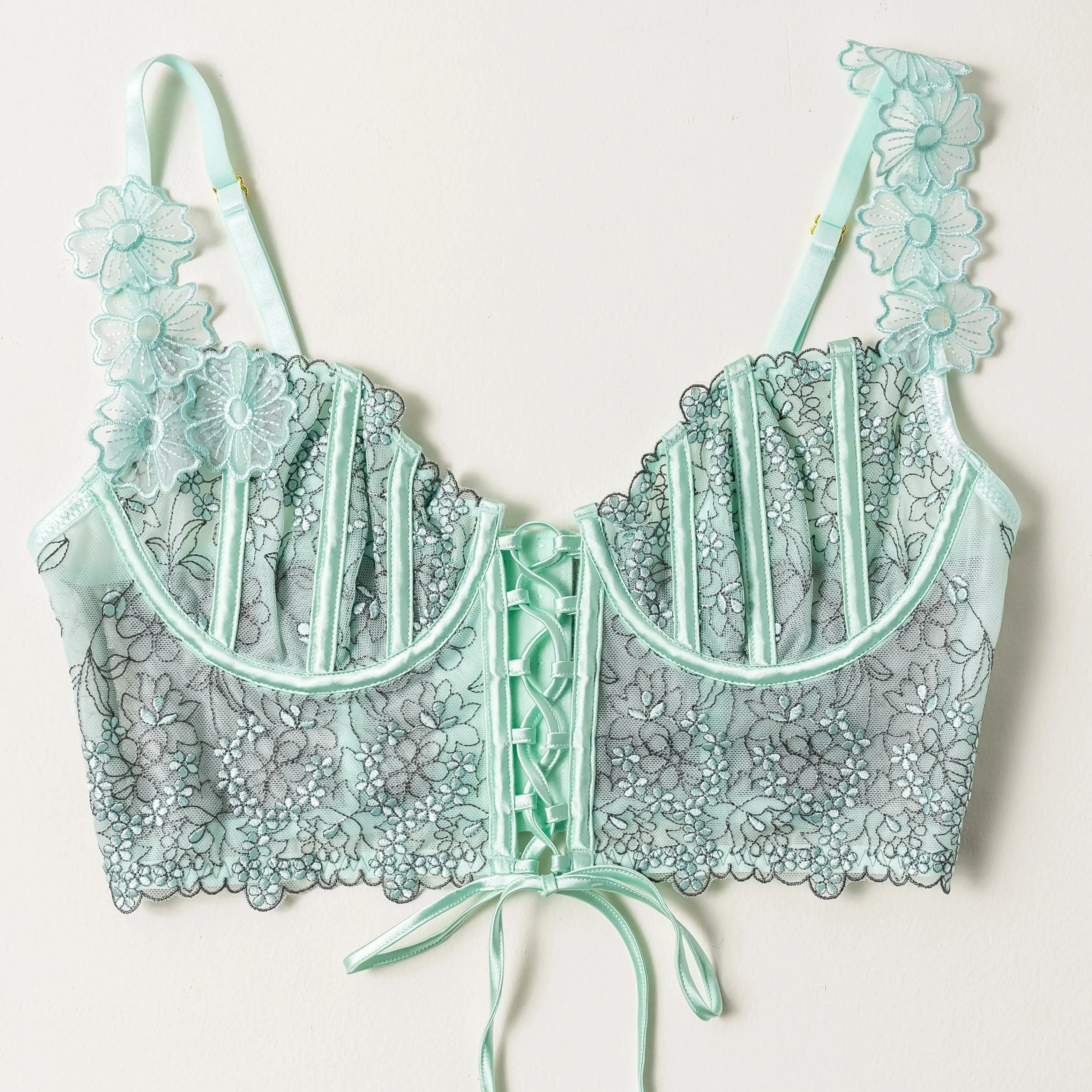 Embroidered Underwire Lace-Up Corset - Mint Julep