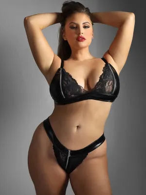 Fantasy Edge Queen Lace Wetlook Zipper Bralette Panty Bra Set Black
