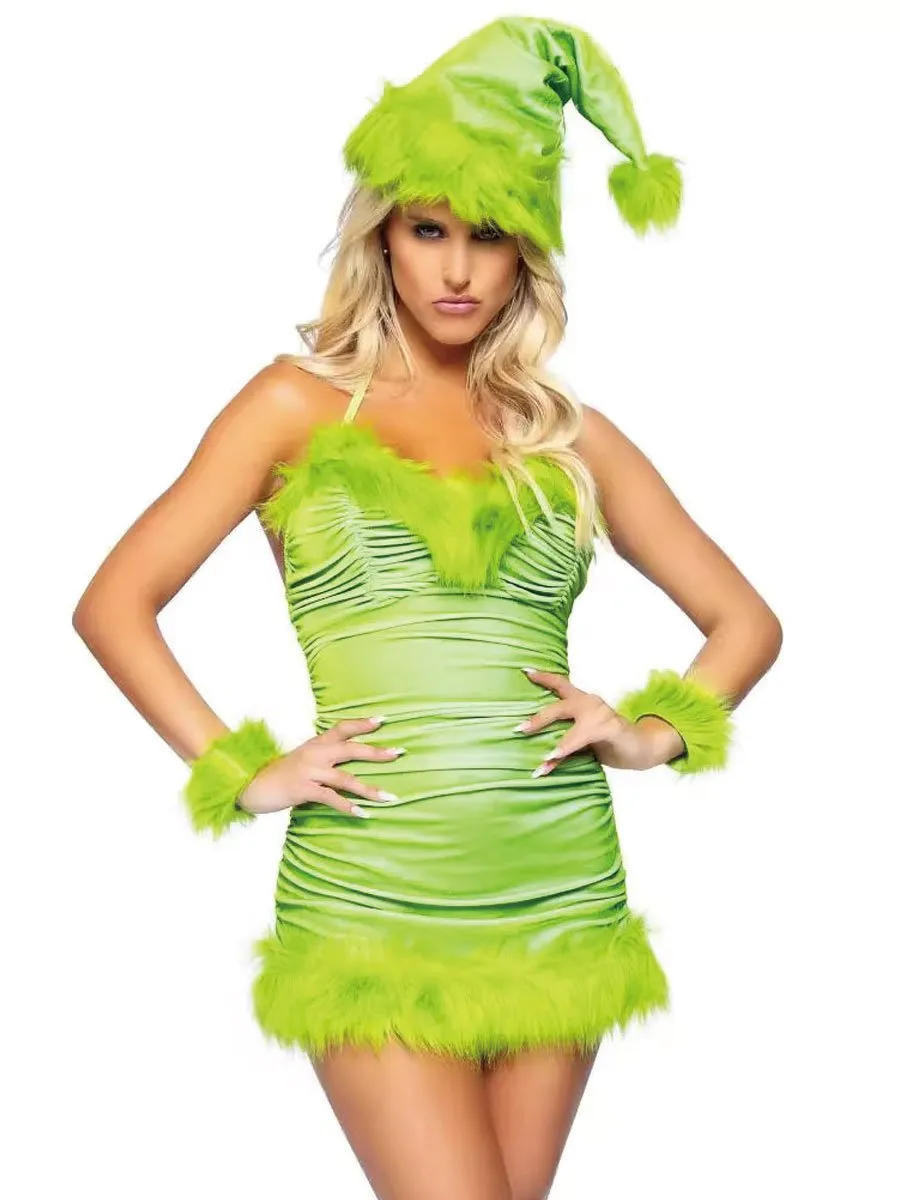 Faux Fur Christmas Elf Ruched Dress