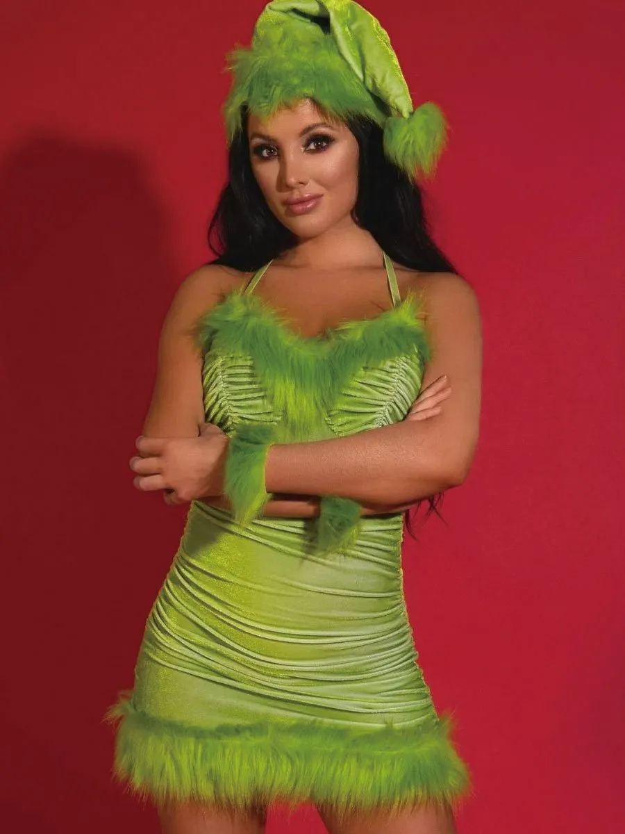 Faux Fur Christmas Elf Ruched Dress