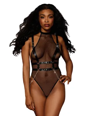 Fishnet Teddy with Vegan Leather Harness