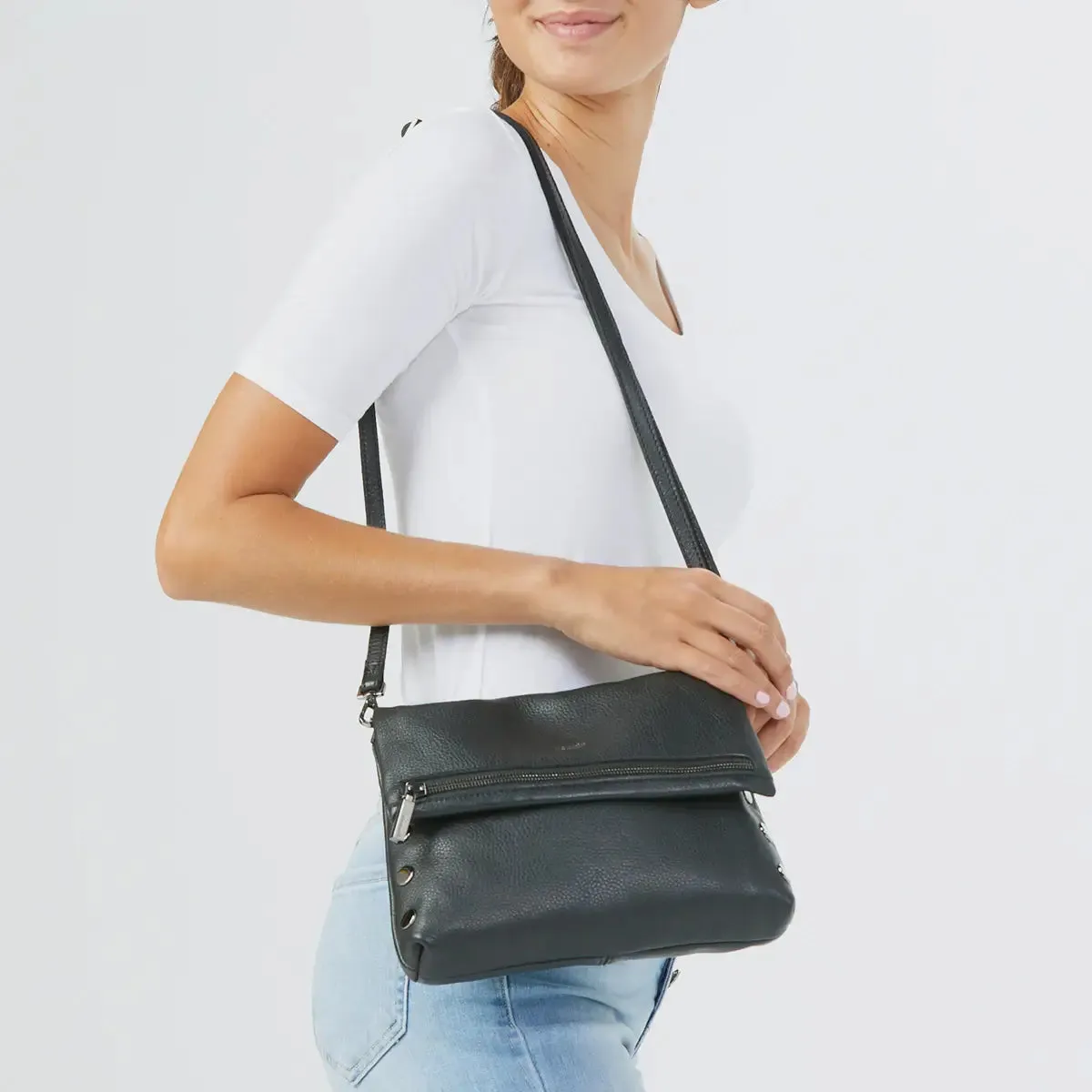 Hammitt VIP Med Zippered Leather Crossbody Clutch Black/Gunmetal