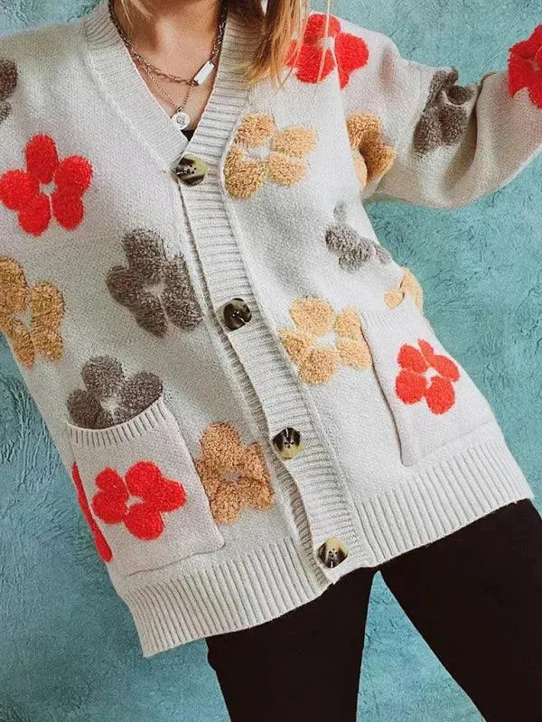 Pocket Jacquard Women Cardigan Sweater