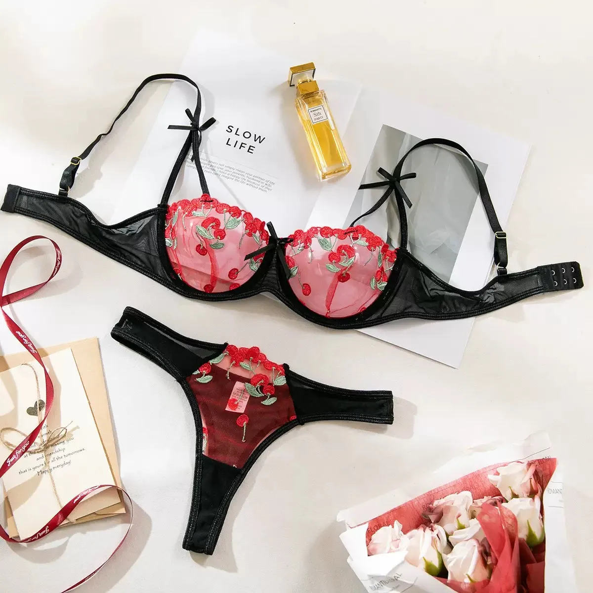 Sexy Underwear Cute Push Up Strappy Embroidered Mesh Sheer Lingerie Set See Through Panty Bra