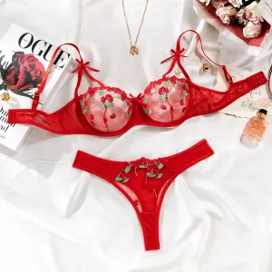 Sexy Underwear Cute Push Up Strappy Embroidered Mesh Sheer Lingerie Set See Through Panty Bra
