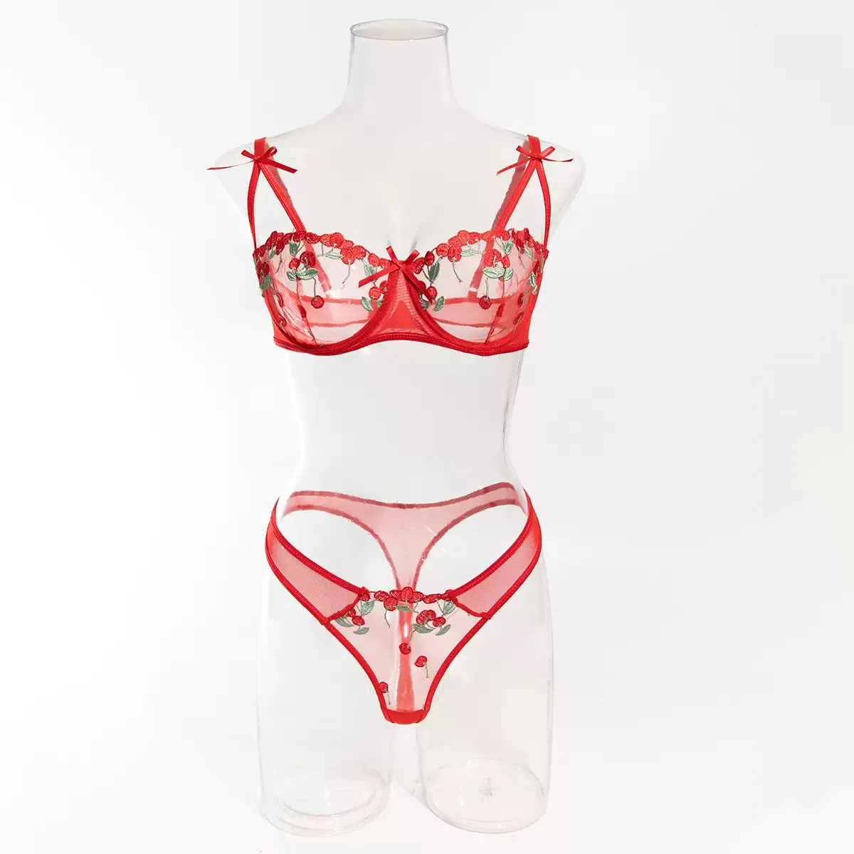Sexy Underwear Cute Push Up Strappy Embroidered Mesh Sheer Lingerie Set See Through Panty Bra