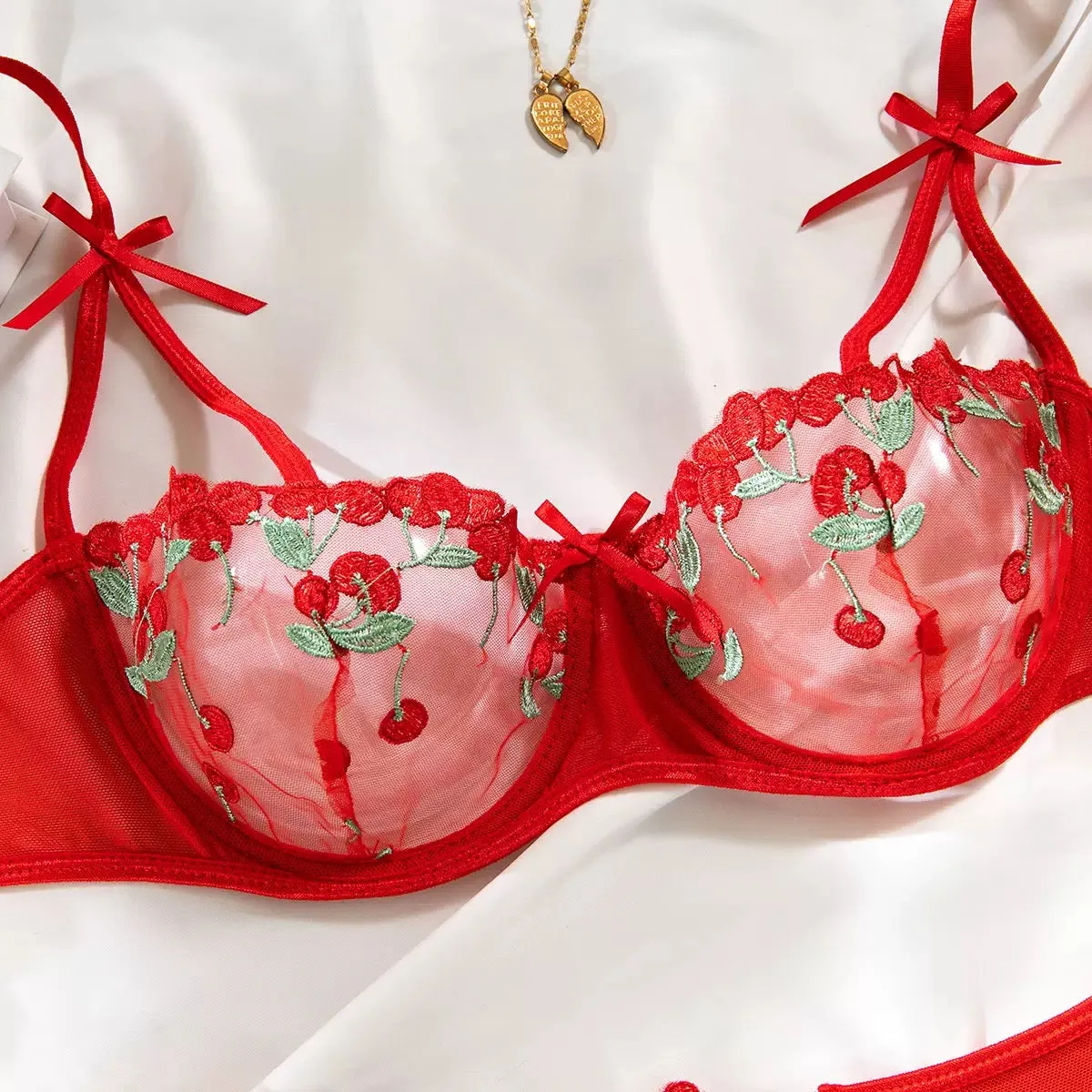Sexy Underwear Cute Push Up Strappy Embroidered Mesh Sheer Lingerie Set See Through Panty Bra
