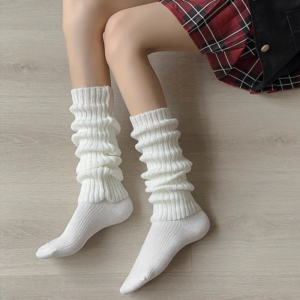 Striped Knee High Socks Rib Knit Tube Stockings Slouchy Crew Sock