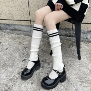 Striped Knee High Socks Rib Knit Tube Stockings Slouchy Crew Sock