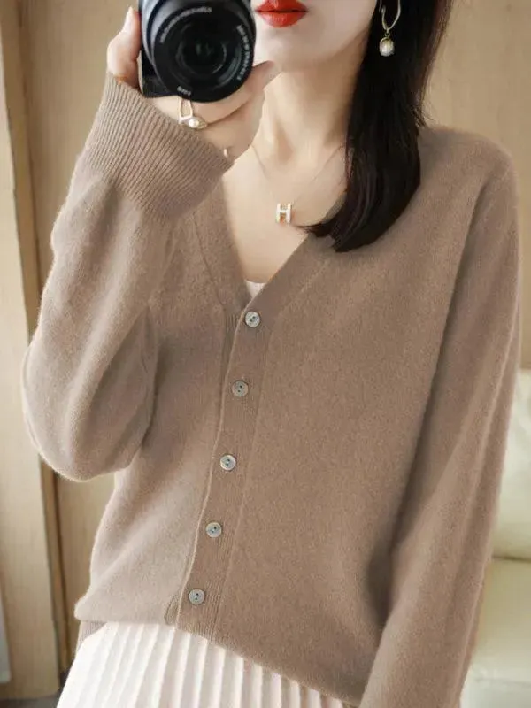 V-neck Short Women Cardigan Sweater