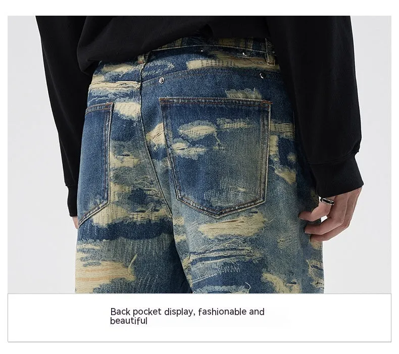 Washed Printed Straight Personality Street Fashionable Denim Trousers