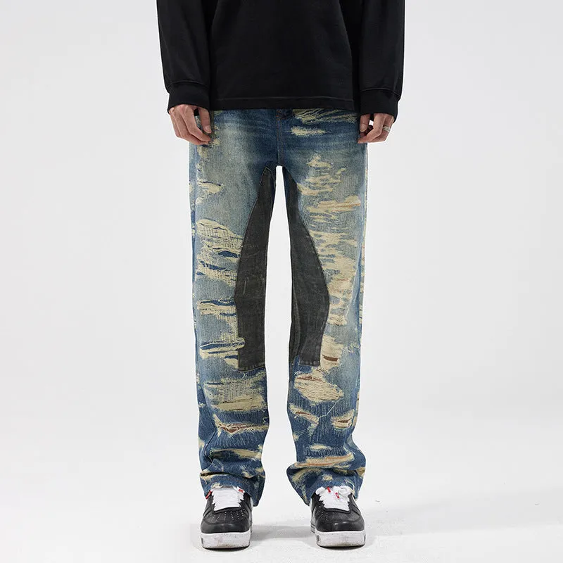 Washed Printed Straight Personality Street Fashionable Denim Trousers