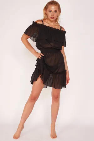 Wolf & Whistle Bardot Frill Black Beach Dress