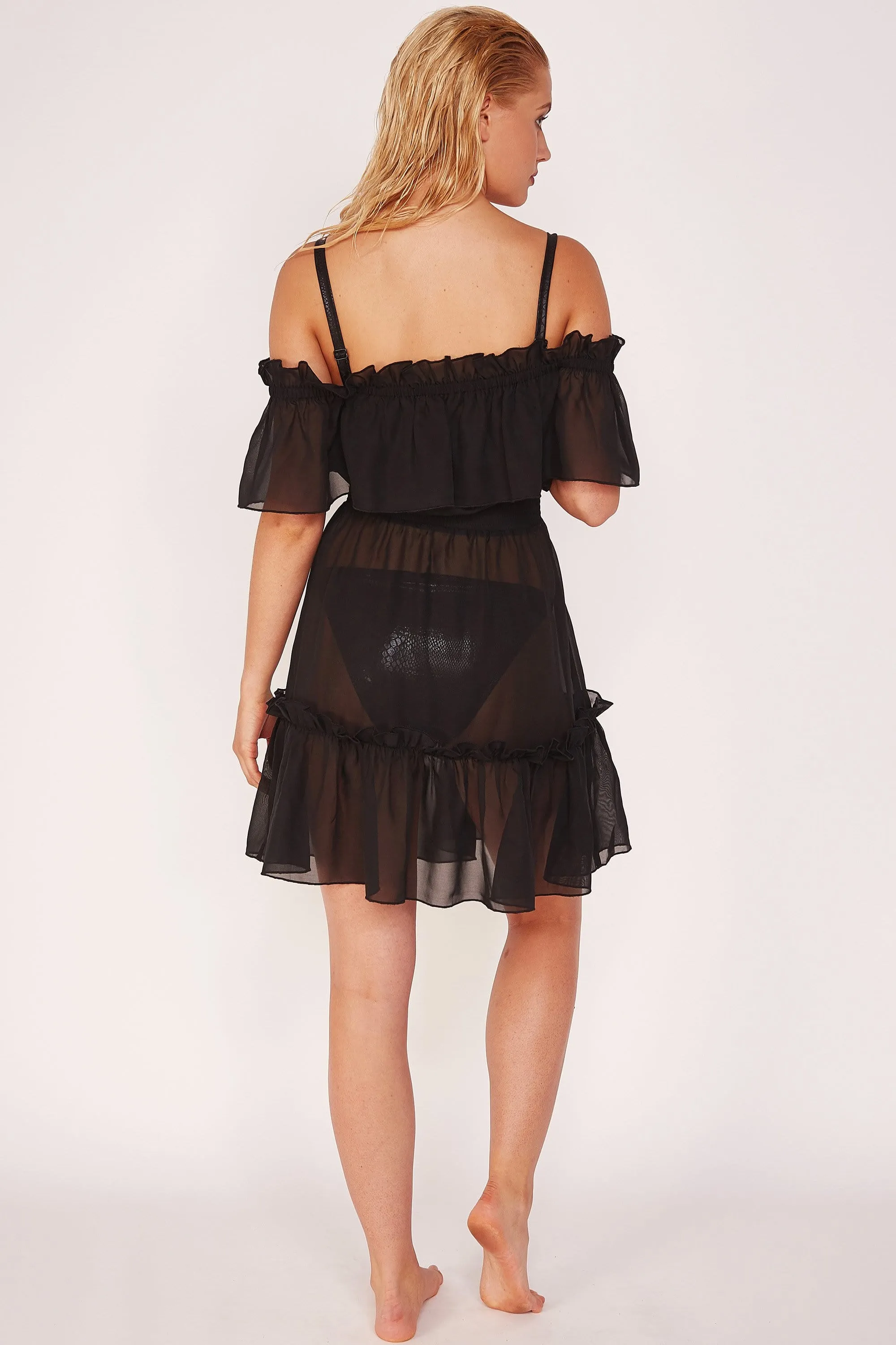 Wolf & Whistle Bardot Frill Black Beach Dress