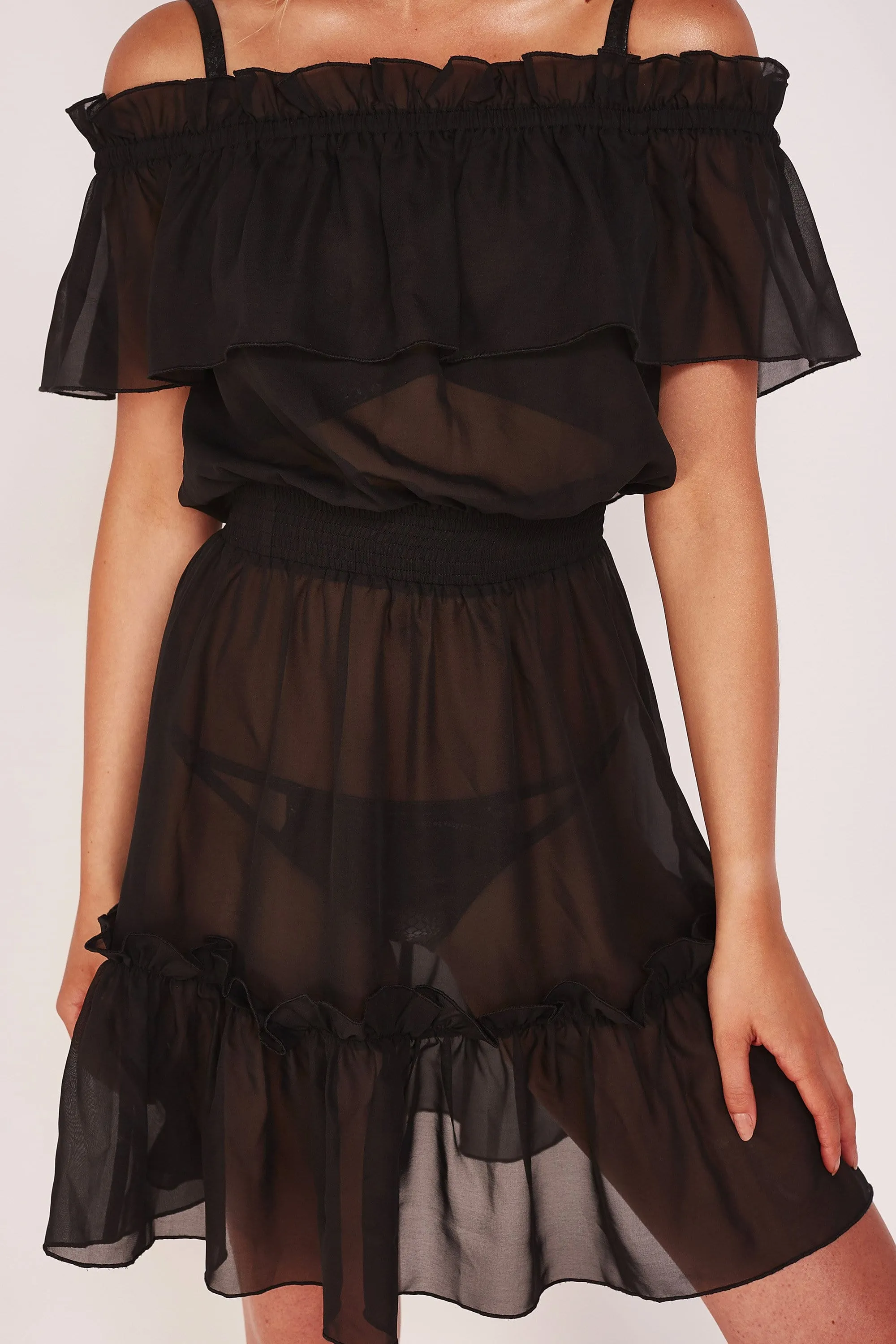 Wolf & Whistle Bardot Frill Black Beach Dress