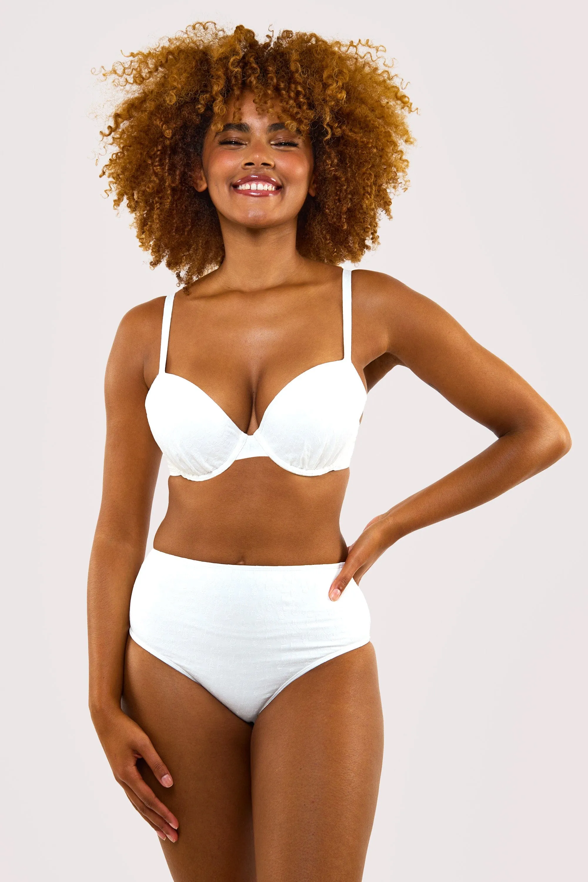 Zoe White Floral Texture High Waisted Bikini Bottom